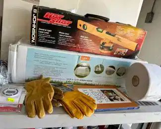Hot shot sound and light laser level, 12 by 12 screen house tent, new leather gloves, cement patch