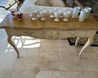 Ethan Allen sofa table with three drawers measure 56 across, 17 deep and 30 inches high