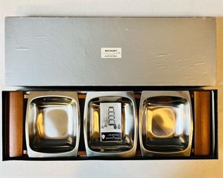 New In Box vintage Salm-Harley Corp. stainless steel & teak three-section serving set