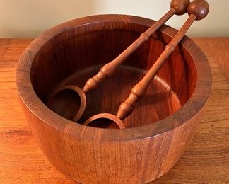 Vintage Danish Modern teak salad bowl with original serving spoons by Nissen 