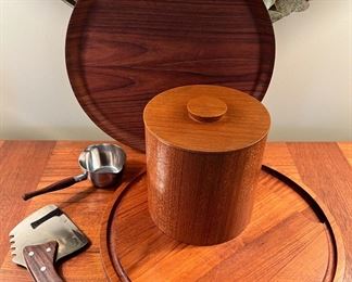 Vintage MCM Arthur Salm wood handled meat clever, Åry-Nybro, Sweden wood serving tray, Scan Look teak round cutting board, vintage teak wood canister and wood handled melted butter pourer
