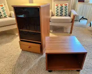 Danish Modern teak glass door cabinet and Made In Denmark small teak rolling cart, both in excellent vintage condition