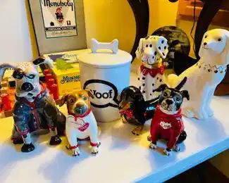 Crate & Barrel ‘Woof’ dog biscuit jar and ceramic dog figures including one dog ‘teapot’ (far left)