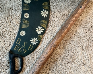 1869 Scandinavian flax tool/scutch and extra long antique Scandinavian wood rolling pin