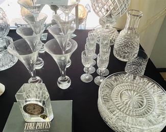 A fabulous set of 6 Saint St Louis Diabolo Diablo Crystal Champagne Glasses, Waterford globe lamp, Waterford crystal dishes.