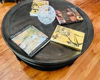 Large wood oval coffee table.