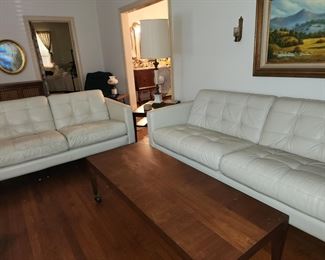 Midcentury Leather white Couch and Loveseat - Long Coffee Table on Wheels