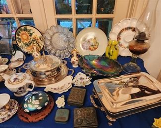 Antique Glassware - Egg Plates - Oil Lamps - Antique Boxes