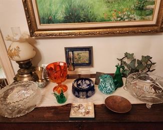 Fenton  Oil Lamp - Art Glass - Crystal- Cool Bronze Butterfly Bookends Viking Candy Dish