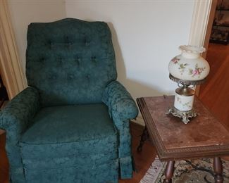 Vintage Green Swivel Chair - Antique Side Table - Handpainted Vintage Lamp
