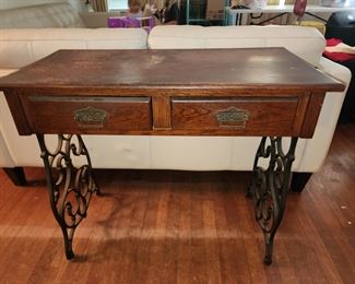 Antique Oak 2 Drawer Desk with Iron Base