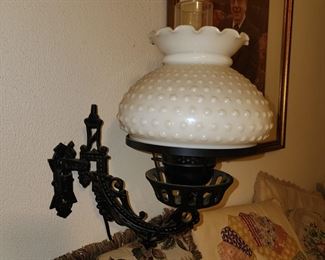 Antique Electrified Oil Wall Lamp in Cast Iron and Milk Glass