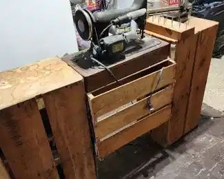 Her Favorite Sewing Spot she made out of Crates - Singer Sewing Machine 