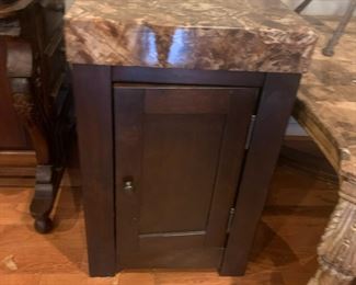 #4	wood base and laminate marble look top end table with 1 door 16x26x25	 $30.00 			
