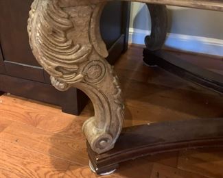 #5	coffee table with marble top and carved wood legs 36x52x20	 $150.00 			
