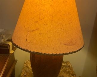 #24	Wood Hand Carved Lamp w/Recycled Lamp Shade  25" Tall	 $75.00 			
