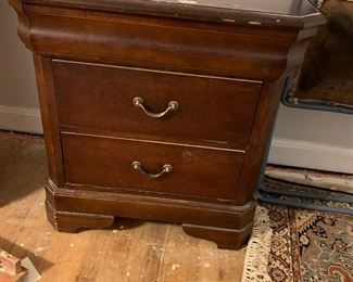 #105	American drew end table with 3 drawers as is finish 28x17x29	 $75.00 			
