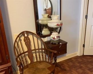 Antique rocking chair, small antique side table, antique mirror 