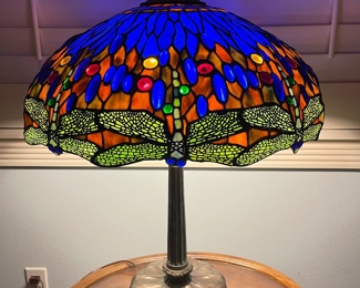 Large Tiffany style Dragonfly Lamp.
Stamped “Loevsky & Loevsky White Metal Castings,”