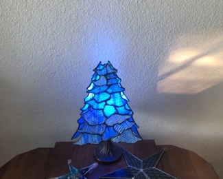 Stained glass blue Christmas tree lamp. Three sides.