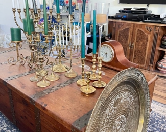 Miscellaneous Brass candelabras, menorah, candlesticks.
Large brass tray
German blanket chest