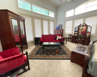 Fabulous Master Suite
Antique Walnut Barley Twist Trestle leg Sofa and Arm Chair in deep Cherry Red Panne Velvet
Henredon and Lexington Suites