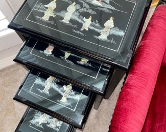 Asian Art nesting table set. Black Lacquer Ebony wood with Mother of Pearl shell accents. Hand painted.