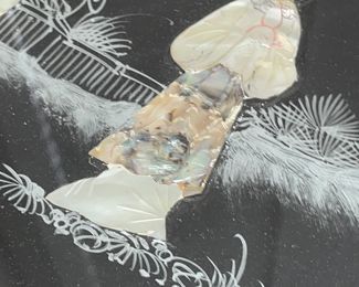 Detail pic, Asian Art nesting table set. Black Lacquer Ebony wood with Mother of Pearl shell accents. Hand painted.