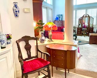 Antique Walnut area chair with Red Cherry Panne Velvet cushion over large caned seat.
1 of 2 Martha Washington sewing cabinets in Cherry.