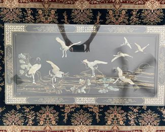 Detail pic, (top) Asian Art Coffee table, glass top. Black Lacquer Ebony wood with Mother of Pearl shell accents. Hand painted.