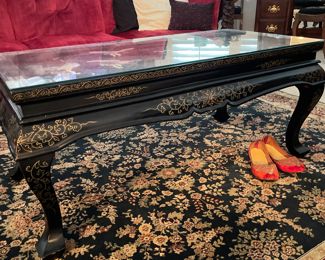 Asian Art Coffee table, glass top. Black Lacquer Ebony wood with Mother of Pearl shell accents. Hand painted.