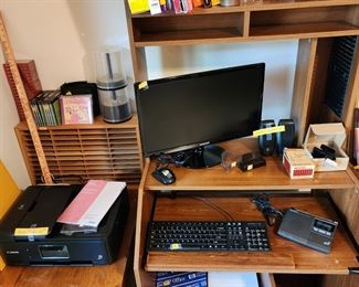 Desk, double table, canon printer, samsung monitor and office miscellaneous
