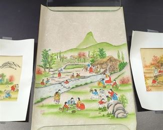 Oriental Paintings Of Village Scenes, On Vellum, Qty 3, 11.75" x 17, And 5" x 7"