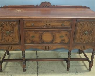 Antique Sideboard With 2 Drawers And 2 Storage Compartments, Carved Wood Design, Dovetail Construction, 41" H x 59.5" W x 20" D
