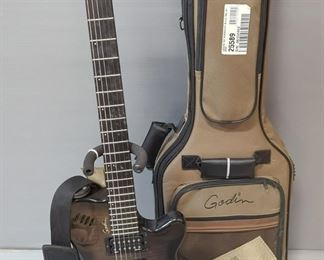 Godin xtSA Leaftop Transparent Black Electric Guitar, SN# 06112124, With Strap And Stand, In Case
