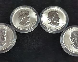 2013 Canadian $5 Silver Coins, Qty 4, Each 1 Ounce .999 Silver