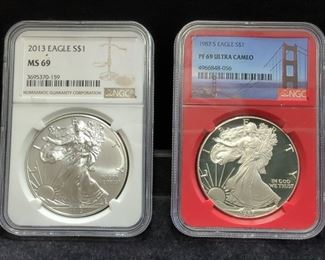 1987 S And 2013 American Eagle $1 Silver Coins, Each 1 Ounce Fine Silver, Both Certified By NGC, Graded PF 69 Ultra Cameo And MS 69