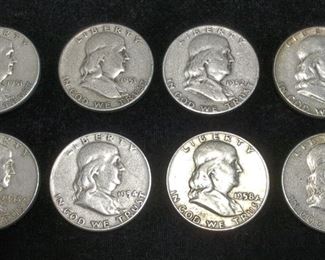 Franklin Half Dollars, Qty 8, Includes 1951 (2), 1952 (2), 1954 D, 1958 D, 1961 D, And 1963 D