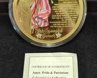 American Pride And Patriotism Star Spangled Banner Coin, 24K Gold Clad, Swarovski Gems, 70mm Diameter, With COA