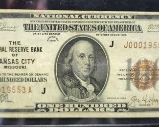 1929 $100 Federal Reserve Bank Of Kansas City Note, Brown Seal, Legal Tender