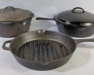 Lodge 6 qt Cast Iron Dutch Oven With Lid, And 2 Cast Iron Pans, 1 With Lid, Total Qty 3