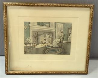 May Farini (American, Early 20th C) Colonial Woman Sitting By Hearth, Signed By Artist On Board, Framed Matted Under Glass, 12.5" W x 10.5" H