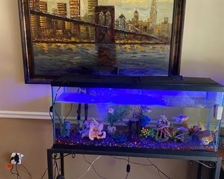 New York City skyline oil painting showing Verraazzano-Narrows Bridge, Twin Towers World Trade Center, etc. signed by J. Millington 