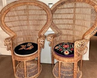 Two Wicker High Back Chairs With Needlepoint Cushions