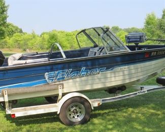 1996 Fisher SV 16 DC 16' 4" boat with a 50 HP Mercury outboard motor and a Fisher trailer