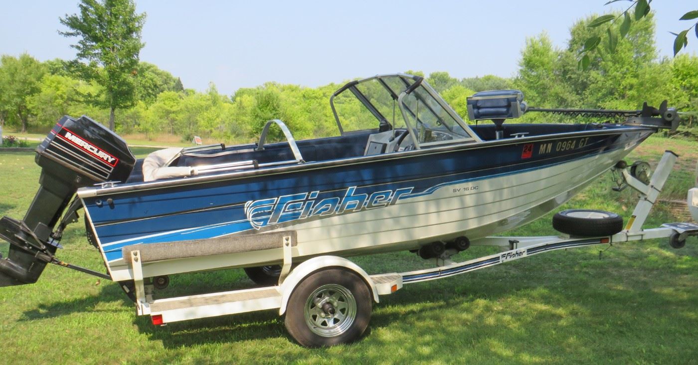1996 Fisher SV 16 DC 16' 4" boat with a 50 HP Mercury outboard motor and a Fisher trailer