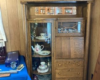 Beautiful American Empire Rare Side-by-Side Secretary / Curio Cabinet with Double Tiger Oak Columns, Locking Curio Cabinet with Curved Glass door, Beveled Mirror, Locking Drawers on Drop-Down Desk and Lower 3 Drawers, 66" Tall X 16" Deep X 43" wide - Excellent Quality
