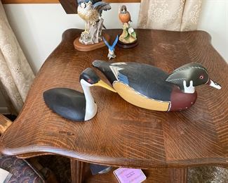 Hand Carved Wood & Hand Painted Water Birds Some with Glass Eyes, Some are Signed; Beautiful Tiger Oak Parlor Table with Lower Shelf and Glass Ball & Claw Feet; Porcelain Hand Painted Birds, Some are Signed
