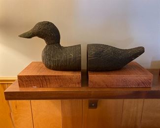 Two Matching Sets of Hand Carved Wood Bookends on Wood Base.