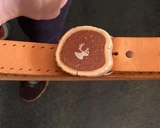 Hand-crafted Leather Belt with Buck Horn Buckle & Silver Inlay Buck Head Silhouette